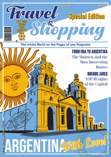 Travel and Shopping Magazine Fake Cover. Argentina with Love. Medieval Cathedral de Cordoba Illustration. Vector Template for Touristic Illustrations, Posters, Covers