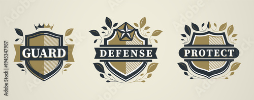 Heraldic shield symbol representing protection set, security reliability, inspired by defense systems, safety services and trust-based organizations.