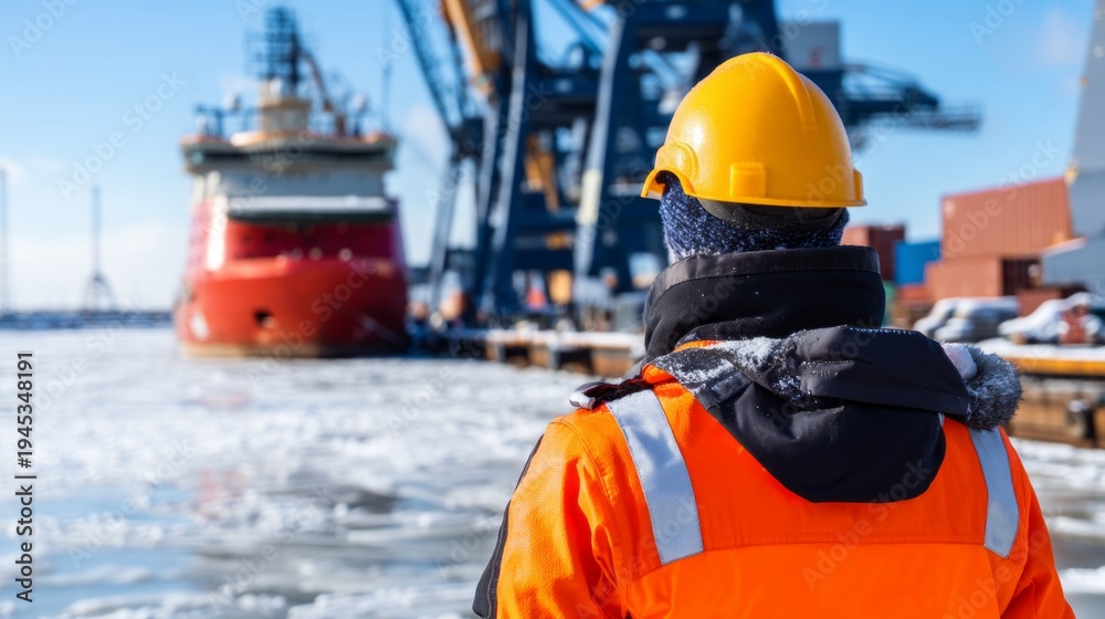 © Putra - Technician in Winter Safety Clothing at Harbor with Ice and Industrial Equipment