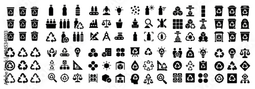 Recycling icons with bin bottle leaf flat