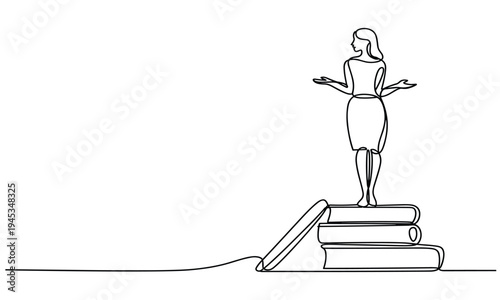 Woman Standing on Stack of Books Gesturing Openly Minimalist Single Line Drawing