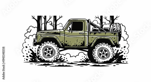 Off-road vehicle splashing through mud and trees