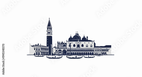 Stylized dark blue silhouette of Venetian canal with gondolas and architecture