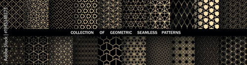 Geometric set of seamless black and golden patterns. Simple vector graphics