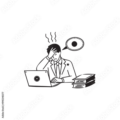 Stressed businessman suffering from headache at office desk.