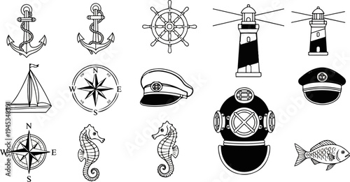 Nautical illustrations anchors, sailboat, compasses, lighthouses, caps, helmet