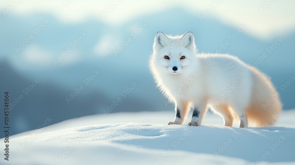 Fototapeta premium Fur Arctic fox with thick winter fur standing on snowy ground.