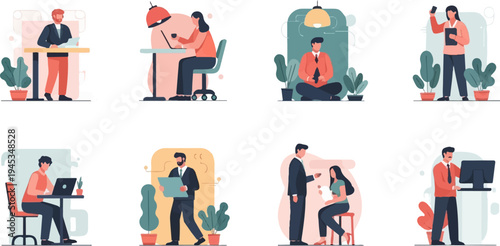 Modern office workers engage in various tasks meetings, desk work, calls, and contemplation