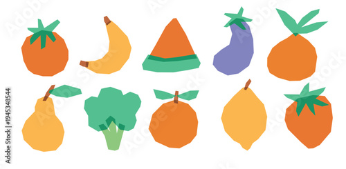 Set of fruits overlap transparent with riso print effect. Abstract risograph vegetable. Multiple lemon, watermelon and strawberry