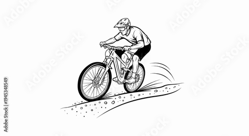 Man in helmet riding mountain bike downhill on dirt path