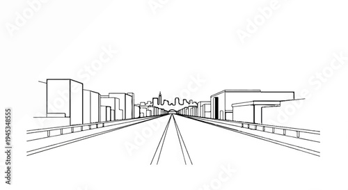 Line art perspective of a road leading to a city skyline with buildings