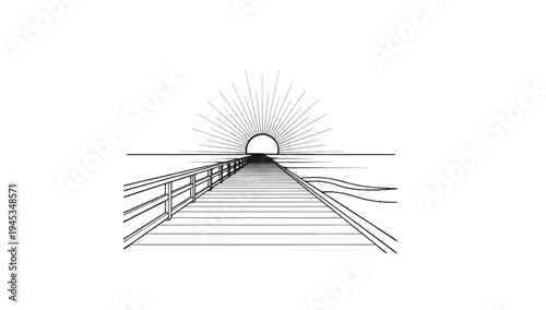 Linear perspective drawing of a pier leading to a sunburst over a calm ocean