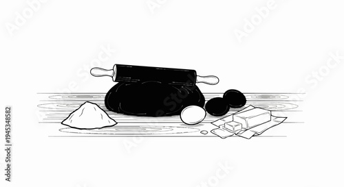 Ingredients for baking dough, rolling pin, eggs, butter, flour, on wood