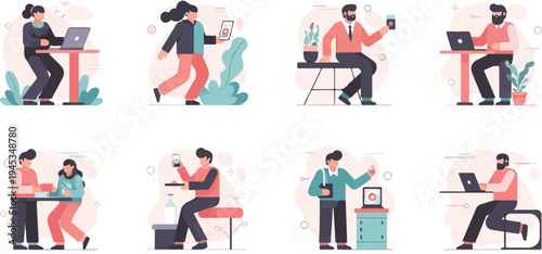 People in various everyday situations, engaged in work and leisure