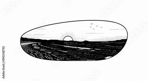 Coastal sunrise over waves and pebbled shore with birds in flight