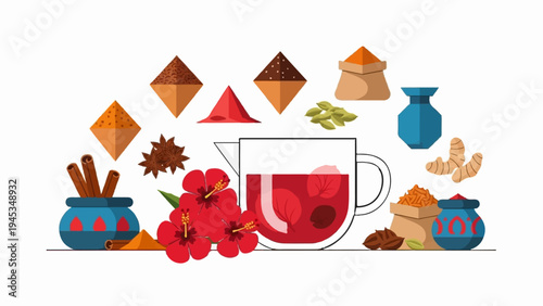 A vibrant collection of spices and hibiscus tea with decorative pots