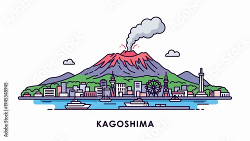 A stylized illustration of a city skyline with a smoking volcano behind it