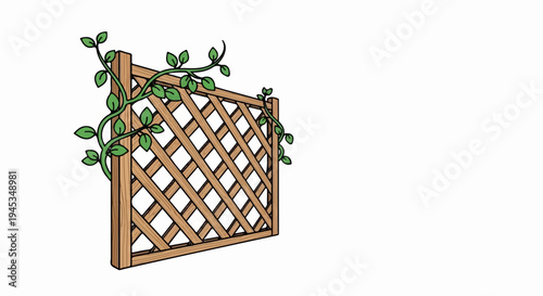 A wooden garden trellis with green vines and leaves climbing it
