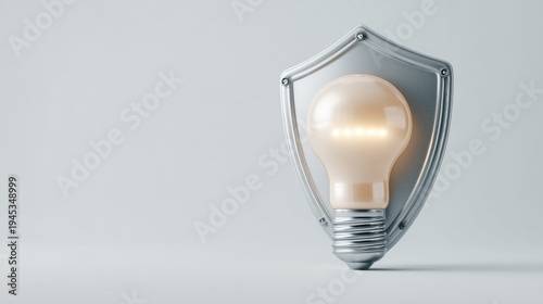 Illuminated light bulb encased in a silver shield, symbolizing protection and bright ideas