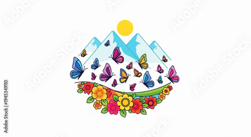 Bright butterflies flutter around snowy mountains and vibrant flowers under the sun