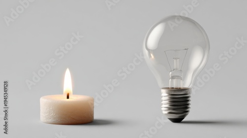 A lit candle and a lightbulb side by side, symbolizing ideas and innovation. The candle flickers with a warm glow, contrasting with the glass bulb