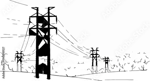 Stark black and white illustration of power lines stretching across a bare landscape