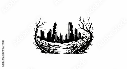 Stark, skeletal trees frame a desolate, ruined cityscape under a pale sky
