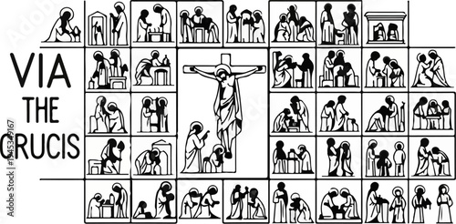 Stations of the Cross depicted in minimalist monochrome illustrations