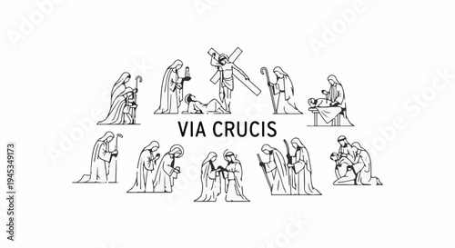 Stations of the cross depicted with figures in black outline on white