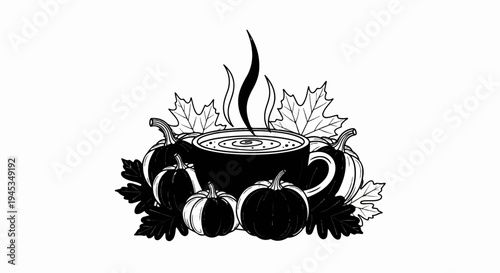 Steaming cup of autumnal beverage surrounded by pumpkins and leaves
