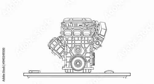 Detailed line drawing of a V-engine with parts and accessories on a table