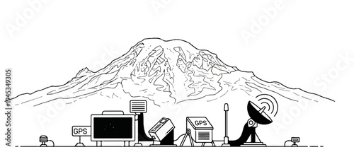 Digital communication equipment installed at the base of a vast mountain range