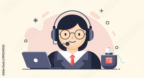 Friendly operator with headset and laptop, abstract shapes background