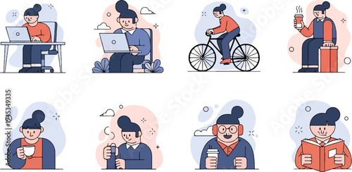 Diverse cartoon characters engaged in various daily activities