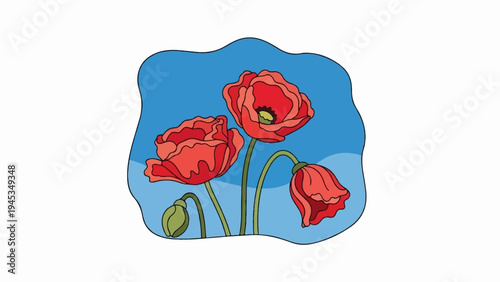 Red poppies bloom against a stylized blue sky