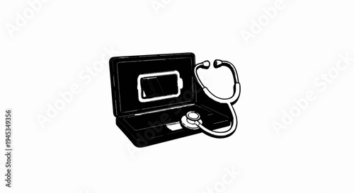 Stethoscope on open laptop showing battery indicator