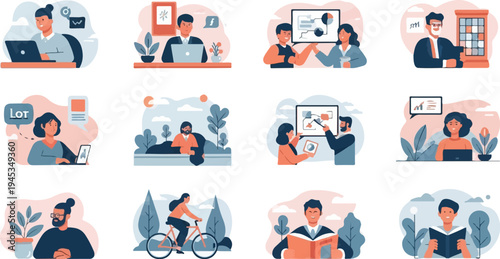 Diverse cartoon scenes depict people working, learning, and enjoying outdoor activities