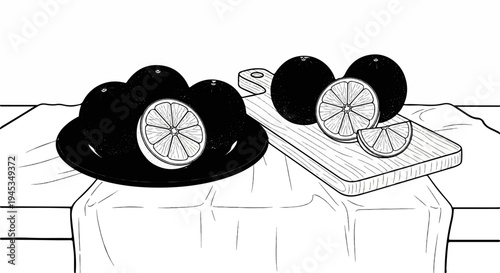 Still life with dark citrus fruits and sliced wedges on a table