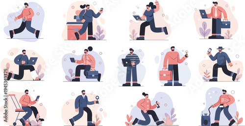 Diverse group of people actively engaged in modern work and communication activities