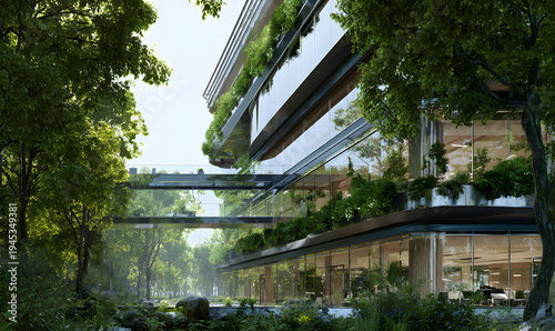 An eco-friendly building with big trees around to reduce heat and carbon dioxide.