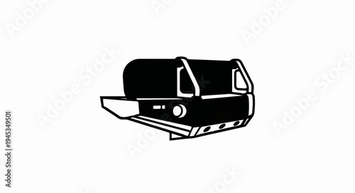 Stylized black and white illustration of a grill