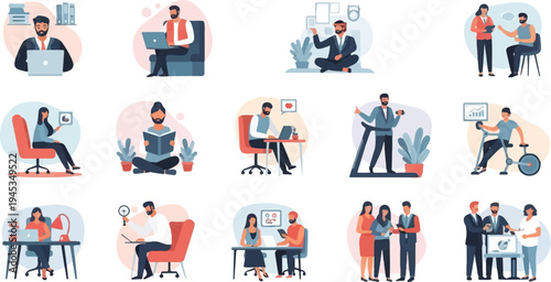 Diverse individuals engaged in work, exercise, and relaxation activities