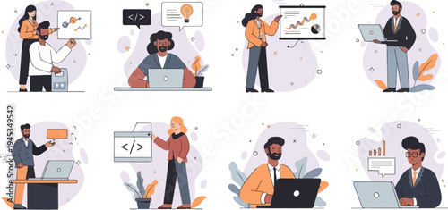 Diverse people collaborating on business projects, coding, and analyzing data