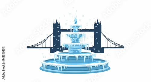 Freezing fountain with silhouetted bridge in background, surrounded by snowflakes