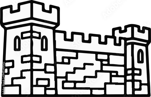 Stylized black and white illustration of a fortress wall with battlements and two towers