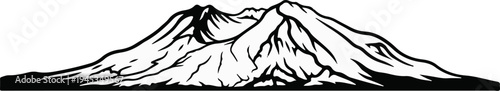 Stylized black and white illustration of a large mountain range with dramatic peaks