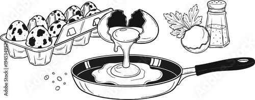 Quail eggs cracking into frying pan with parsley and salt shaker