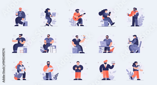 Diverse people engaged in various modern activities, interacting with devices