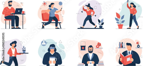 Flat illustrations of people working, exercising, and relaxing