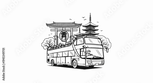Double-decker bus tour past iconic Japanese pagoda and torii gate